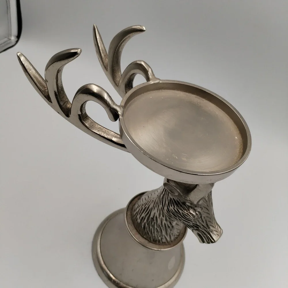 Silver Stag Head Pillar‎ Candle Holder Metal Antler Pedestal Lodge Christmas 9